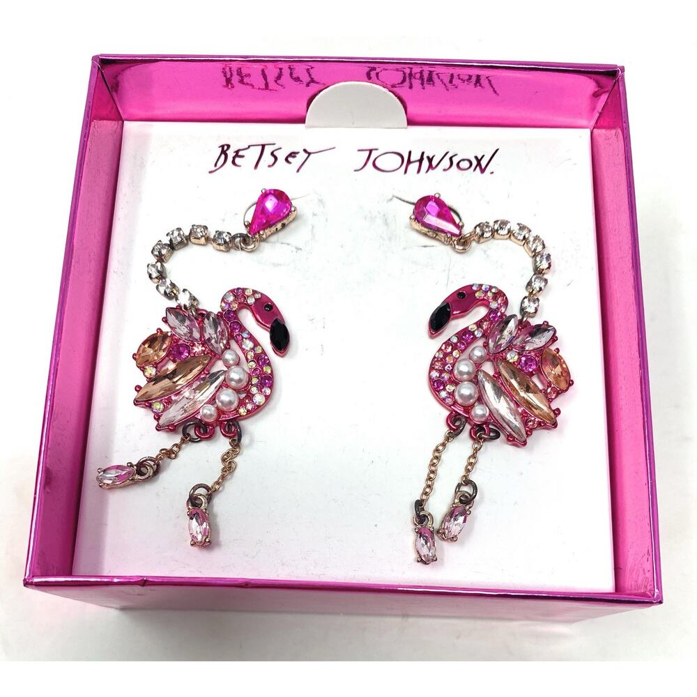 NIB Betsey Johnson Womens Pink and Rose Gold Linear Drop Flamingo Earrings - Picture 4 of 4